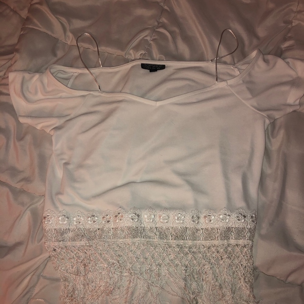 topshop cut out shoulder top w/ fringe at bottom